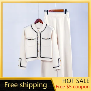 

2020 Female Lady Suit Autumn Winter Women's Knitted Sweater Wide Leg Pants two piece set lounge wear bulk items wholesale lots