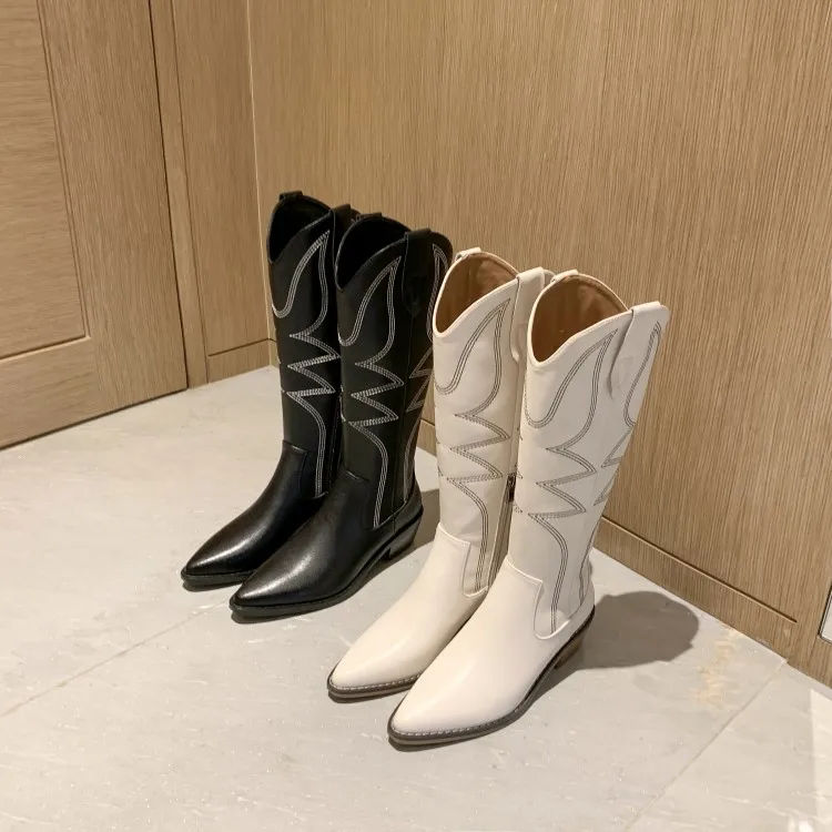 

MLJUESE 2021 women knee-high boots leather winter short plush black color zippers pointed toe low heels high western boots