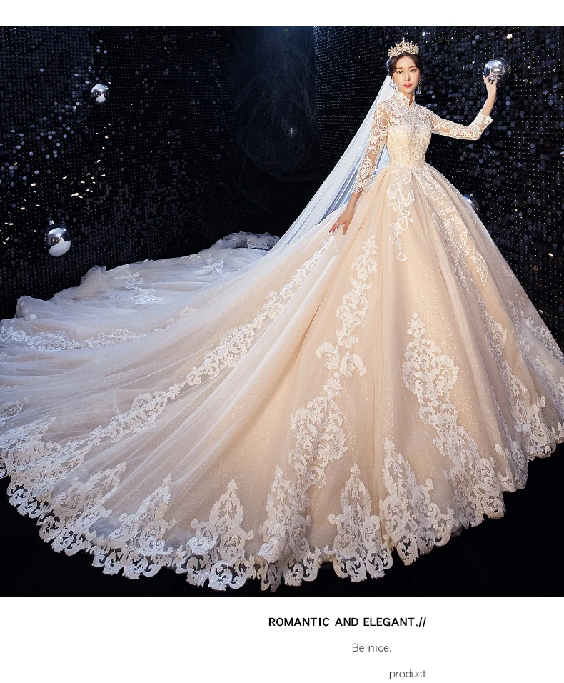 Vivian's Bridal Новое роскошное блестящее свадебное платье с высоким воротом и Длинным Рукавом Кружевная аппликация для принцессы бальное платье пушистое свадебное платье
