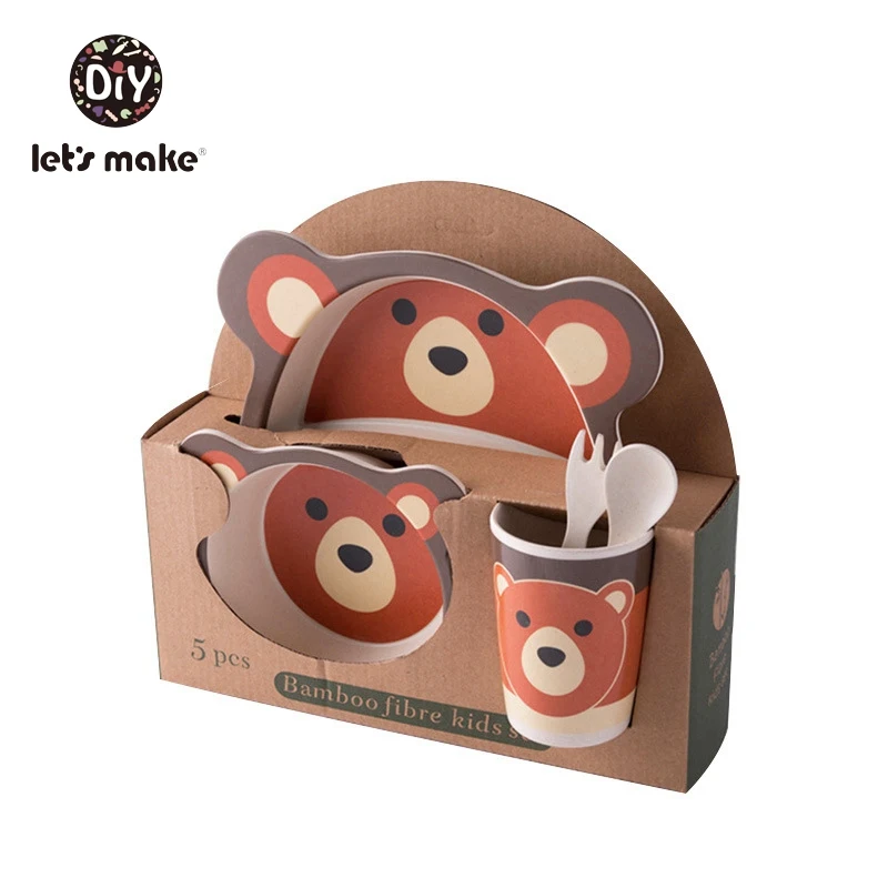 Let's Make Children's Dishes Baby Bamboo Tableware Set Plate Bowl Spoon Fork Bottle Cup Cartoon Animal Baby Feeding Dinnerware