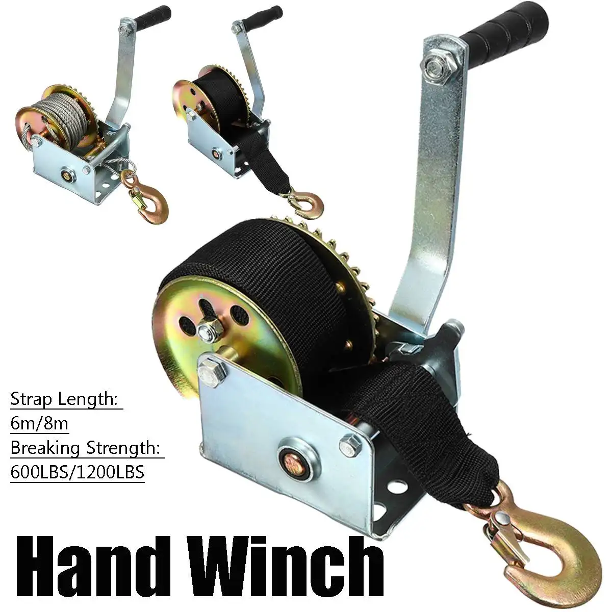 8M Heavy Duty 1200lb Manual Hand Winch Belt Strap Hook Puller Boat ATV Trailer 