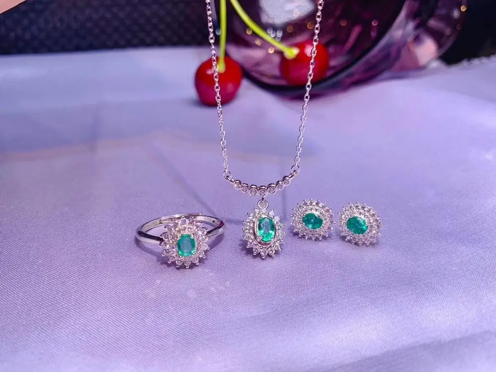Серебристый KJJEAXCMY fine jewelry natural Emerald 925 sterling silver women pendant necklace chain earrings ring set support test trendy - Цвет камня: Серебристый