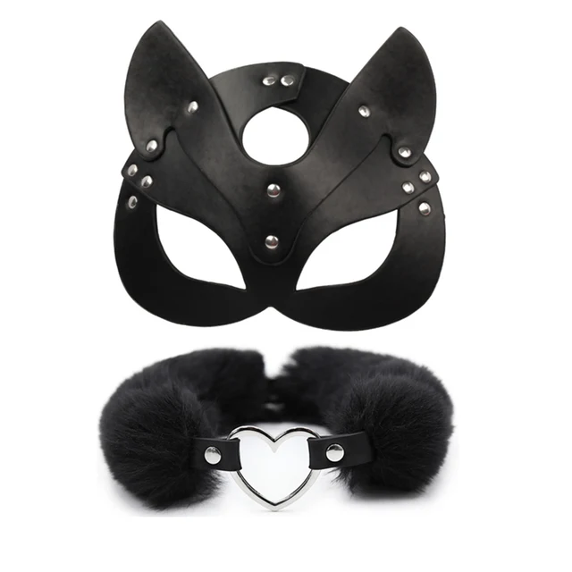 Mascarilla sexual y Collar para mujer, máscara de piel para gato, mascarada de Halloween para fiesta, Juguetes sexuales eróticos para adultos 1
