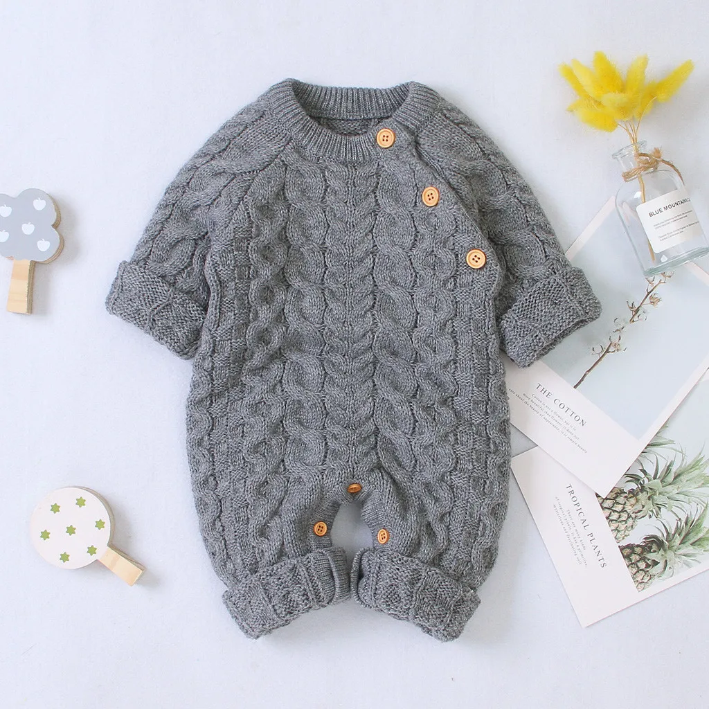 Newborn Baby Boy Girl Clothes Winter Button Sweater Knitted rompers Jumpsuit Long Sleeve O-Collar Romper Fashion Warm Outfits | Мать и