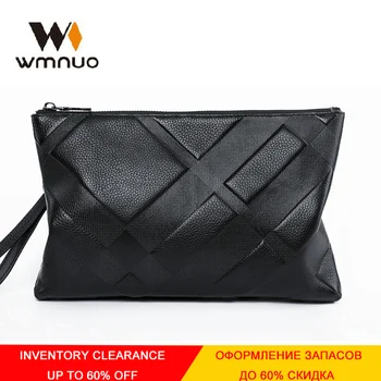 

Wmnuo Envelope Bag Men Hand Bag Genuine Leather Cowhide Wristlets For Male Plaid Embossing Clutch Wallet Men Business Bag