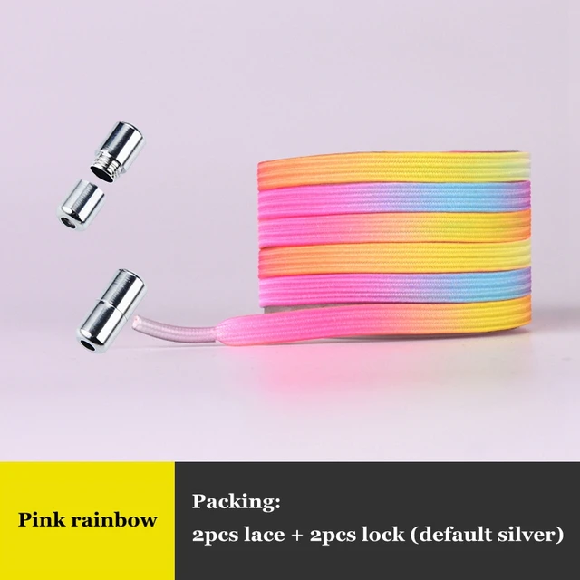 Elastic No Tie Shoelaces Colorful Flat Shoe laces Sneakers shoelace Metal Lock Lazy Laces for Kids Adult One size fits all shoes Pink rainbow