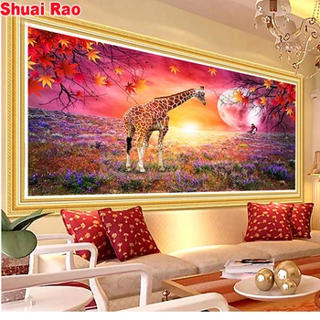 

full square Diamond Painting rhinestones of Diamond Embroidery Red savannah sundown Scenery diy Sunset Giraffe 5d large wall art