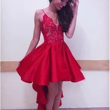 Сексуальное атласное платье на тонких бретельках с v-образным вырезом для выпускного вечера, а-силуэт, красный кружевной лиф, длина до колен, высокие и низкие вечерние платья для выпускного вечера