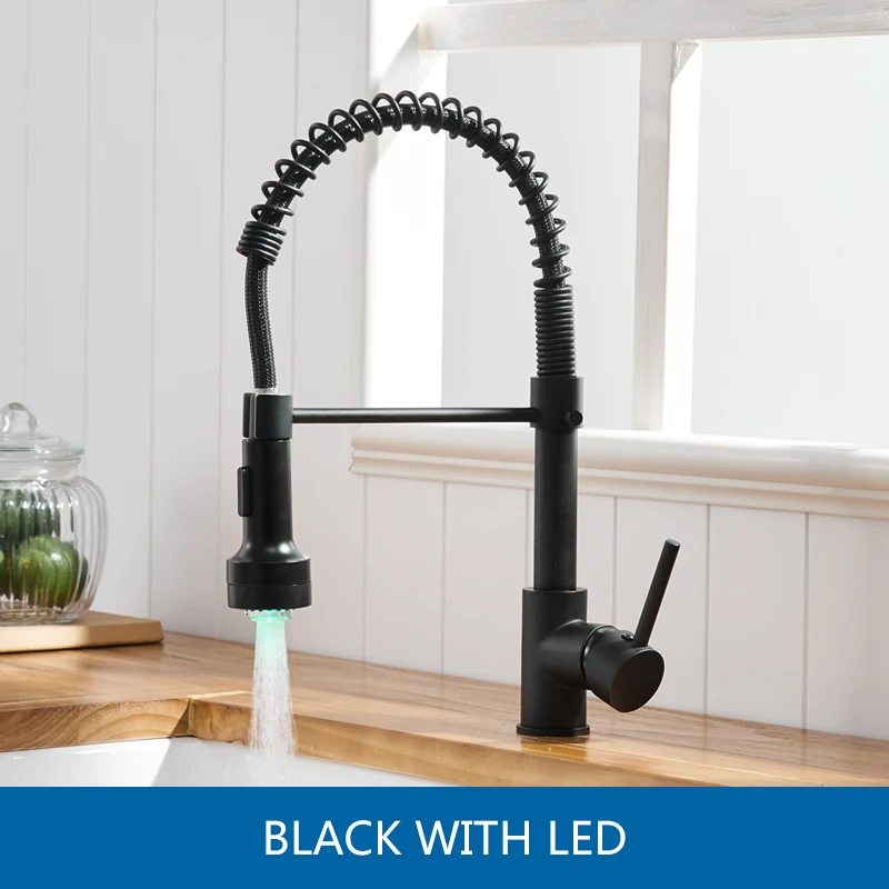 Black with LED Fapully кухонный кран светодиодный светильник на бортике Матовый пружинный Выдвижной двойной распыляющий носик Горячая и холодная вода кухонный смеситель - Цвет: Black with LED