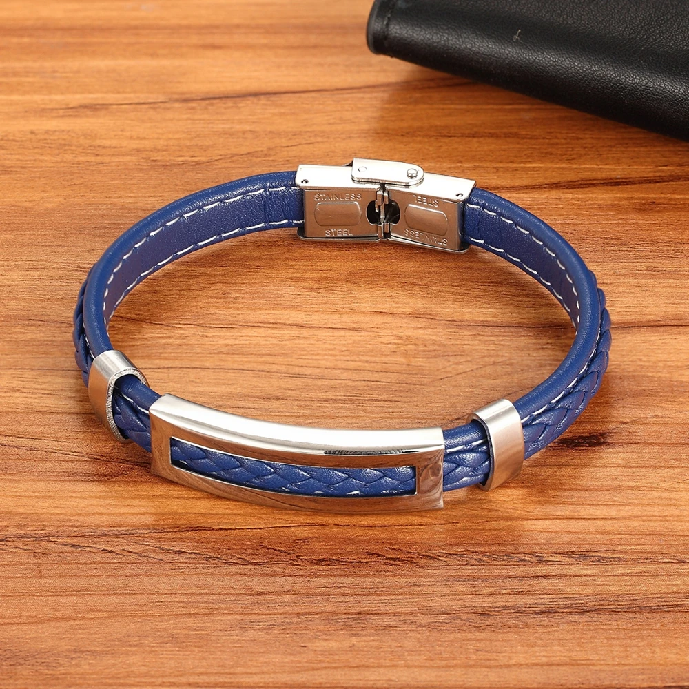 XQNI Stainless Steel Accessories Multi-color Rectangular Combination Blue Leather Classic Men’s Bracelet Commemorative Gift