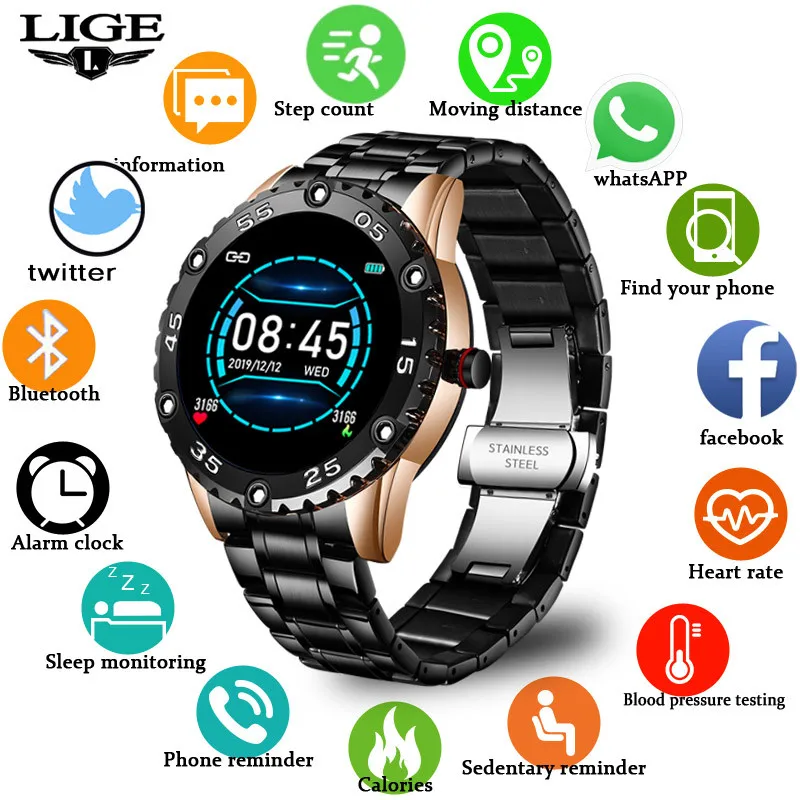 LIGE Новый Сталь ремень Smart Watch Для мужчин для Android IOS сердечного ритма измерять