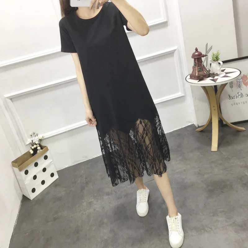 

New Style Lace Large Size Short-sleeve Dress Summer Ozhouzhan Slimming Long Skirts Slim Fit Skirt Black And White with Pattern B