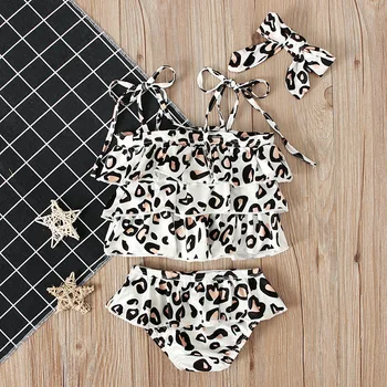

Summer Girls Clothes Leopard Print Swimsuit + Turban Two-Piece Set On White Toddler Girl Sets