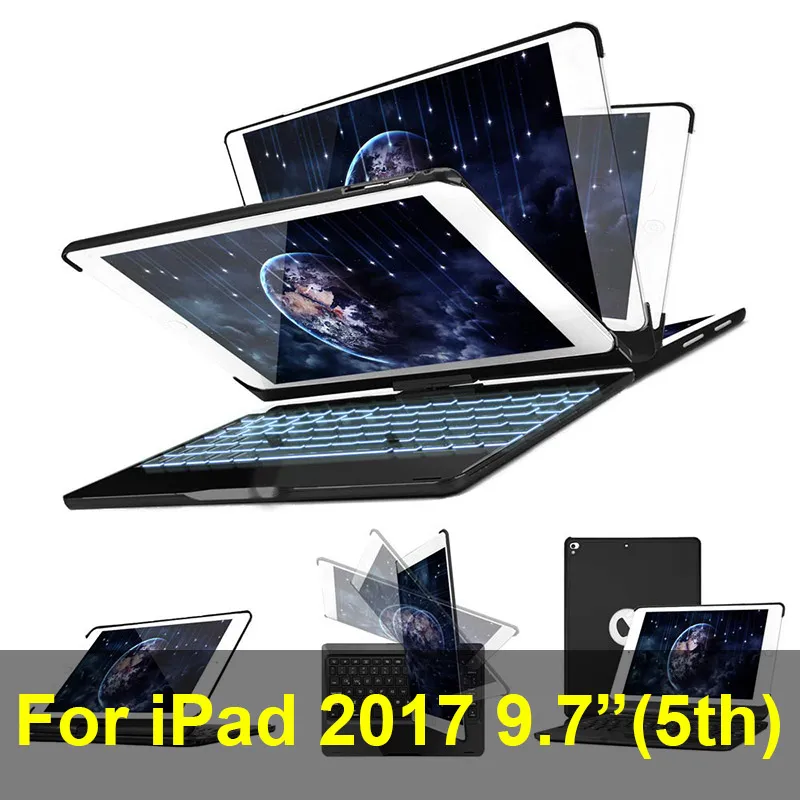 Чехол с клавиатурой для iPad 7 поколения(iPad 10,2 дюймов)/iPad Air 10,5 /iPad Pro 10,5, 7 цветов с подсветкой 360 - Цвет: iPad 2017 5th Black