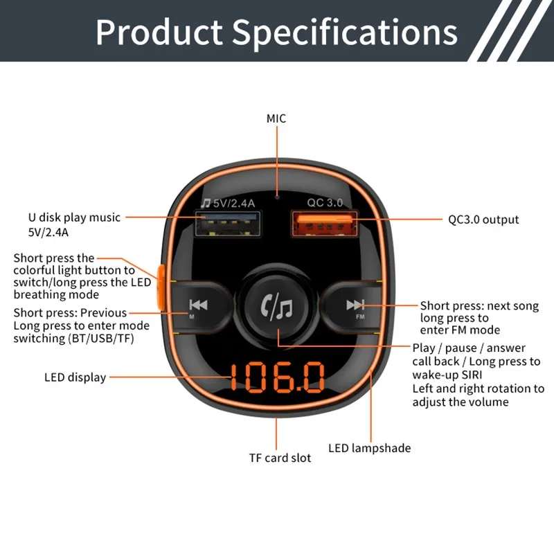Bluetooth fm-передатчик для автомобиля, обновленный V5.0 и 7 цветов светодиодный автомобильный радиоприемник с Подсветкой Bluetooth адаптер поддерживает быструю зарядку QC3.0
