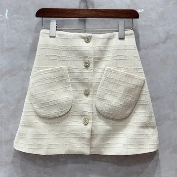 

Runway Wool Blend Mini Skirt Women 2020 Summer Woolen Fashion Patchwork Pockets Buttons Skirts Luxury Brand Elegant Plaid Skirts