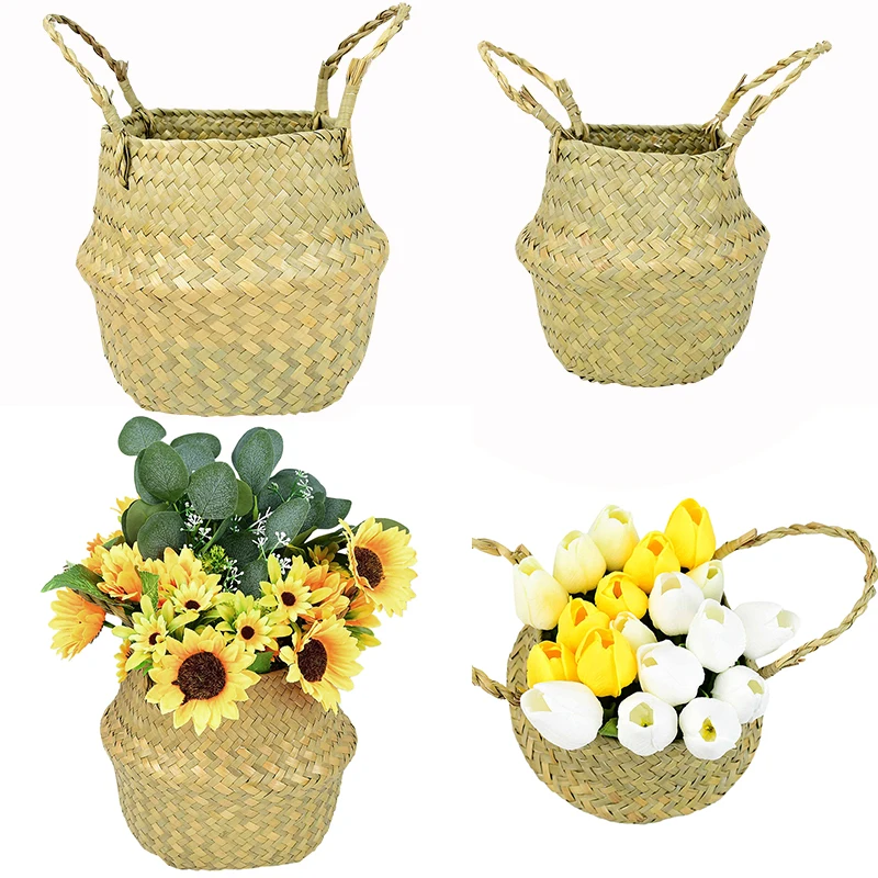 Seagrass Wickerwork Basket Rattan Hanging Flower Pot Foldable Handmade Bamboo Laundry Storage Baskets Gardening Decoration