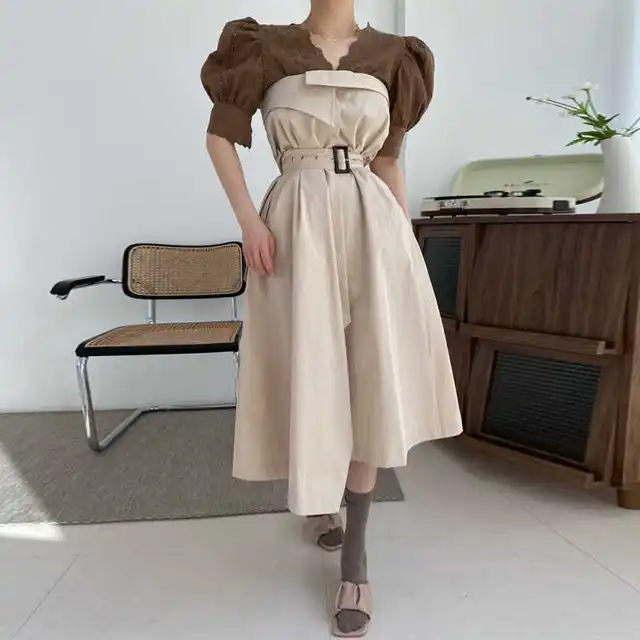 [EWQ] Korea Fashion Trend Women Doll Collar Embroidery Stitching Puff Sleeve Shirt+high Waist Loose Skirt Suit Summer 2021 6E922 3