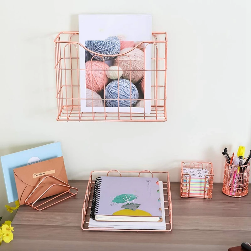

Wire Metal 5 in 1 Desk Organizer Set - Letter Sorter, Pencil Holder, Sticky Note Holder, Hanging File Organizer and Letter Tray