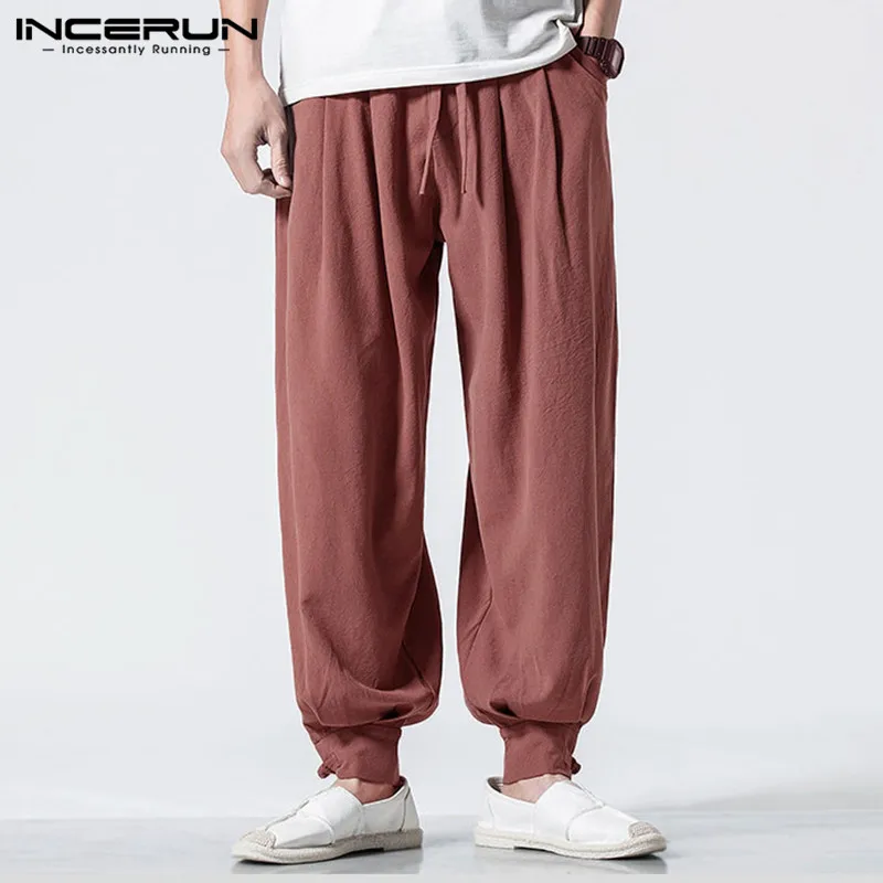 INCERUN Vintage Mens Harem Pants Cotton 2019 Joggers Streetwear Solid Baggy Elastic Waist Casual Trousers Men 2
