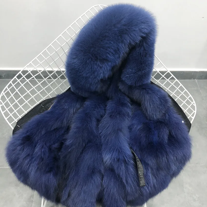 Real Fox Fur Winter Black Denim Jacket with Natural Fur Woman Parkas New Fashion Real Fox Fur Coat Oversized Fur Hood Overcoat fashion real silver fox fur jacket with hood thick warm woman winter fur overcoat luxury genuine full pelt fox fur coats female