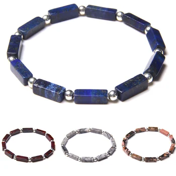 

Fashion Square Tube Stone Beads Bracelet Natural lapis lazuli Beaded Silver Color Round Ball Charm Bracelet Jewelry Women Men