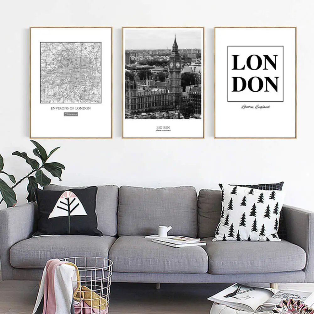 Лондонский город черно-белый стиль пейзаж буквы холст живопись плакат и печать