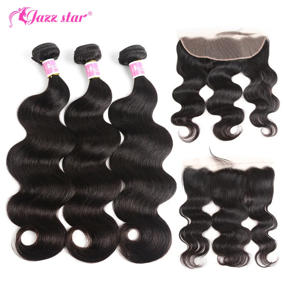 Brazilian Body Wave Bundles With Closure 3 Bundles with 13*4 Lace Frontal Human Hair Extension Closure Non-Remy Jazz Star
