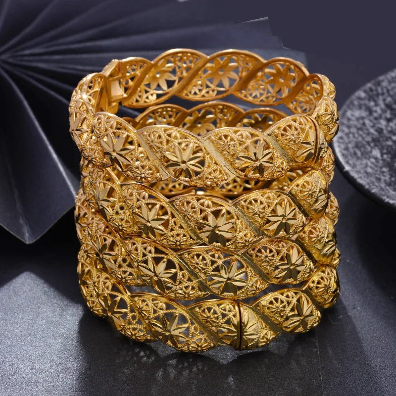 

4Pcs/lot Top Quality Dubai Gold Color Bangles For Women Vintage Bride Wedding Bracelet Bangles Africa Arab Jewelry