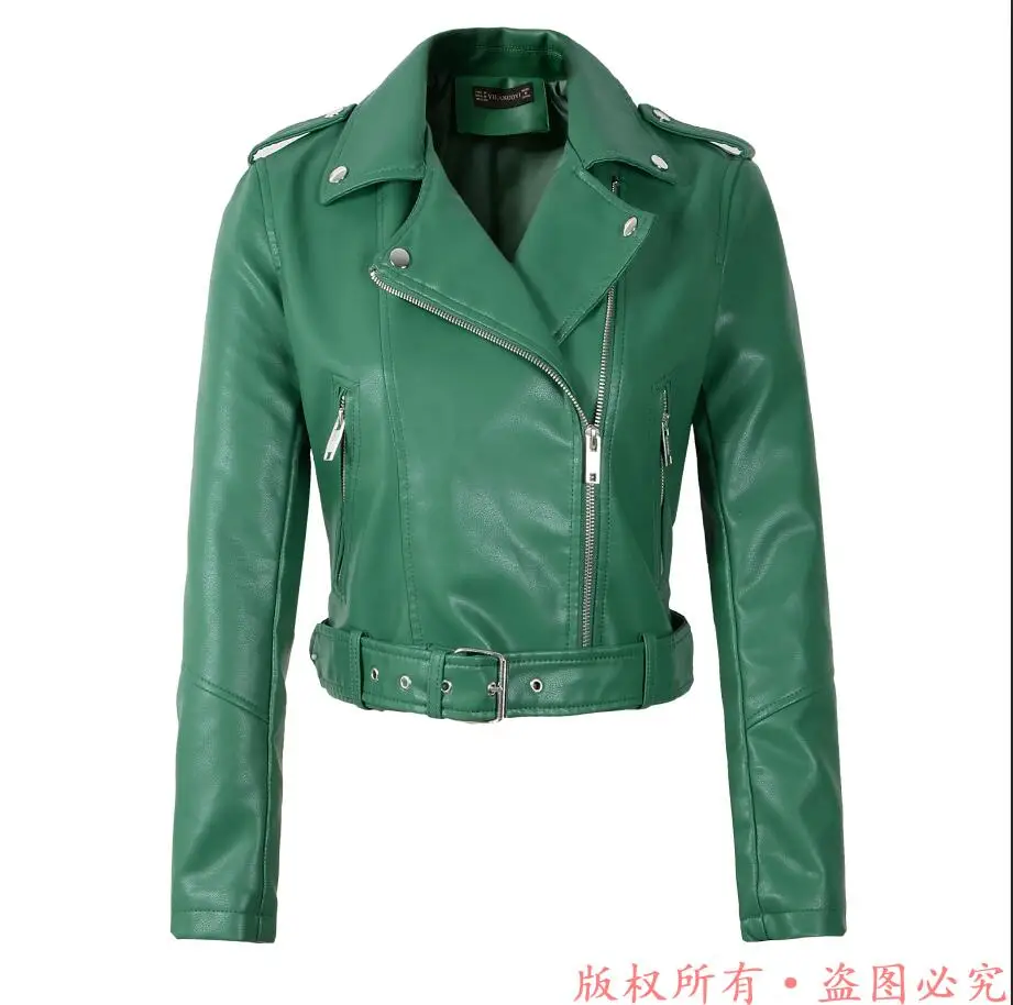 Q8912 Green Горячая новинка Модные женские Мотоциклетные Куртки из искусственной кожи женские осенние короткие пальто на молнии с погоном Горячая черная белая Розовая Желтая верхняя одежда - Цвет: Q8912 Green