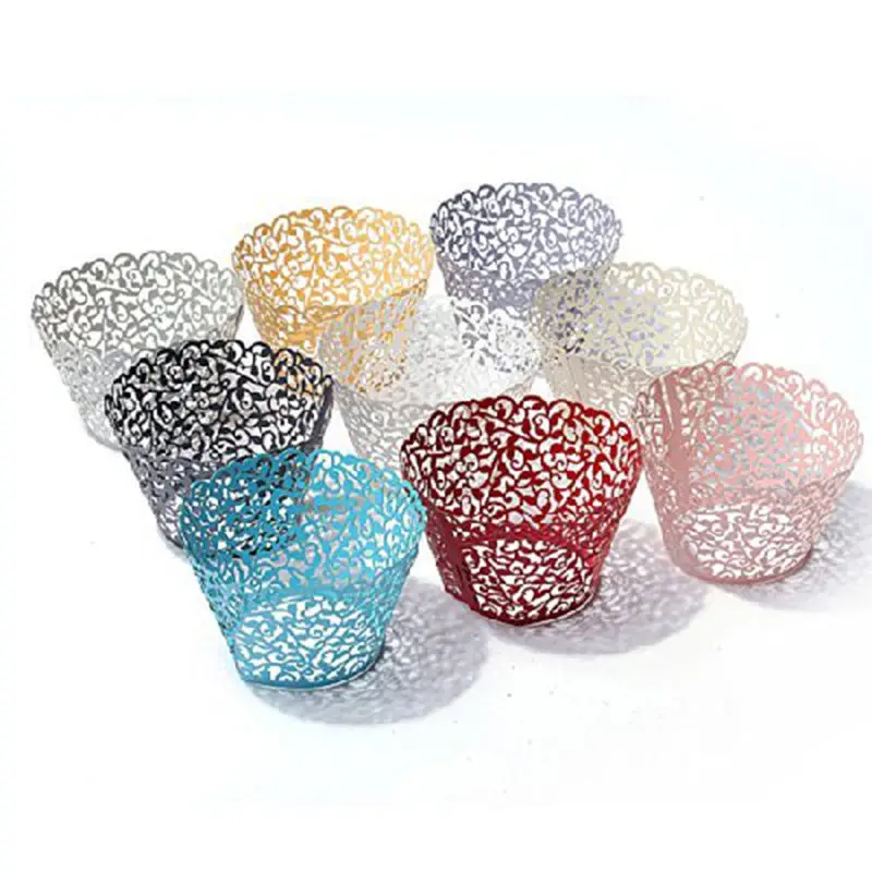 2018 New 50pcs/pack Laser Cut Cupcake Wrappers Cake Cup Wedding Birthday Hoilday Party Supplies Home Multi-Color