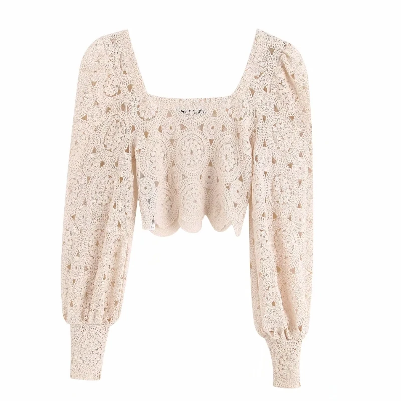 Achat Nouveau femmes sexy évider broderie dentelle courte blouse lanterne manches court chemise femme rétro carré col chemise hauts LS4037