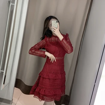 

HANZANGL Red Lace Dresses 2020 Spring summer Women Long-sleeved Lace Hollow Layer Cake Dress Birthday Casual Short Party Dress