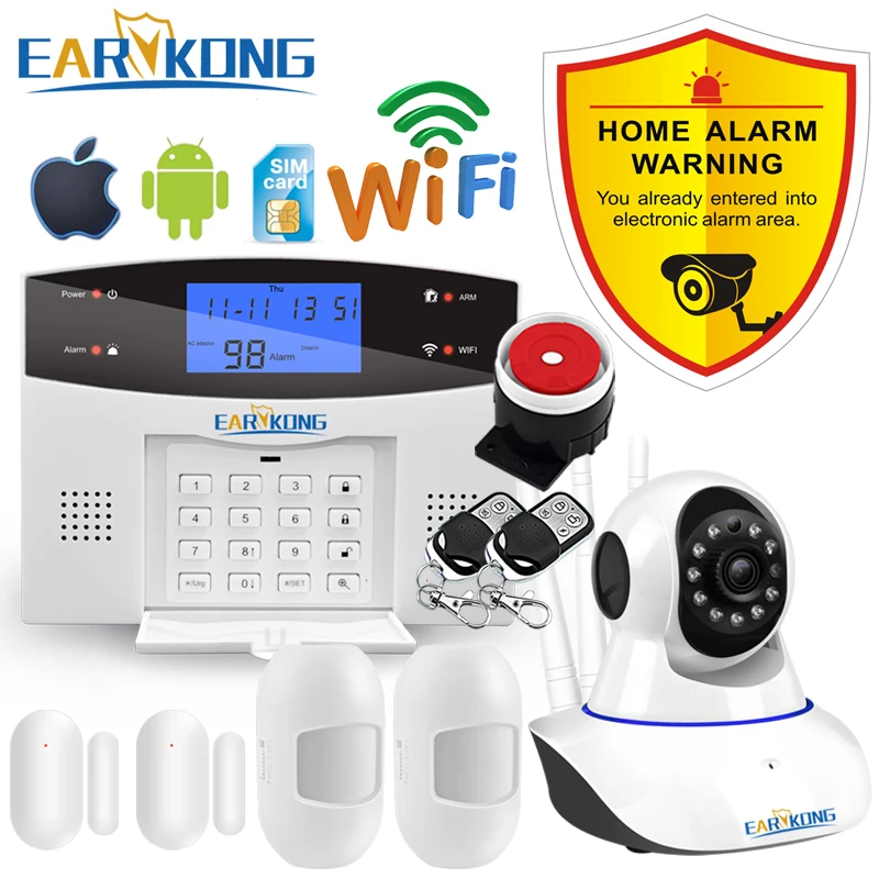 Sistema de alarma antirrobo para el hogar Wifi GSM, 433MHz, Detector de alarma, compatible con línea telefónica, PSTN y tarjeta SIM, intercomunicador de voz, relé de aplicación Wifi