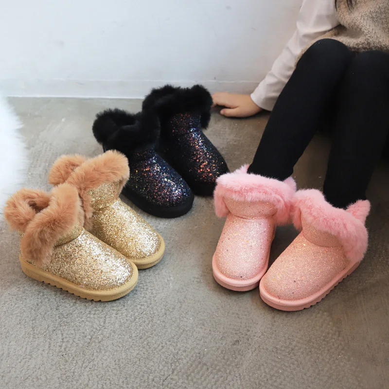 Зимняя детская обувь, зимние ботинки, теплые ботинки Martin с кроличьим мехом для девочек, хлопковая обувь для маленьких девочек, ботинки принцессы с блестками