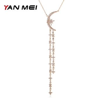 

YANMEI CZ Moon And Stras Chain Necklace For Women Rhinestone Long Elegant Crystal Pendant Necklace Fashion Jewelry YMD1372