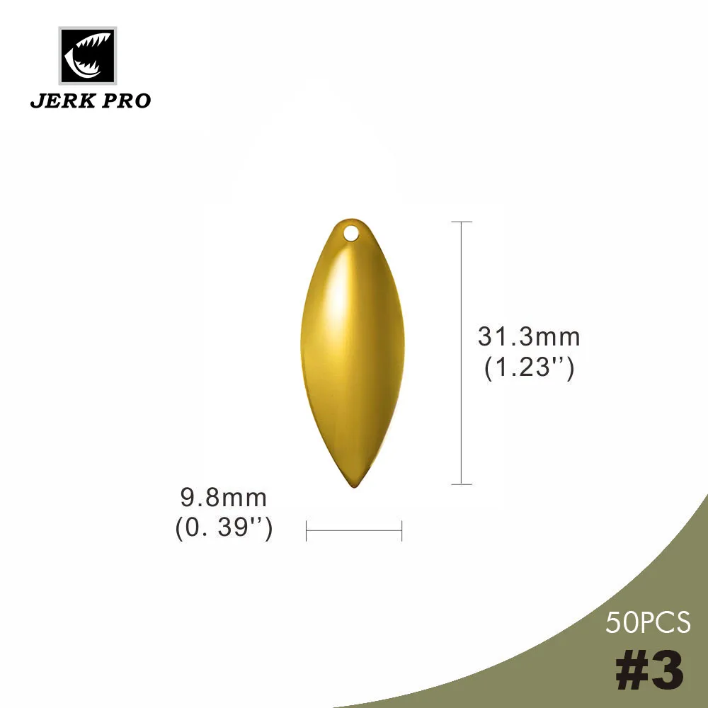 

JERK PRO 50PCS Size 3 Gold Plating Smooth Steel Willow leaf Spinner Blades Spinnerbait Part Fishing Lures Angler’s Tackle Craft