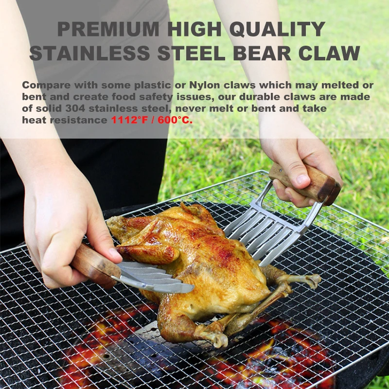 TEENRA 2pcs BBQ Bear Claw Stainless Steel Bear Claw Wooden Handle