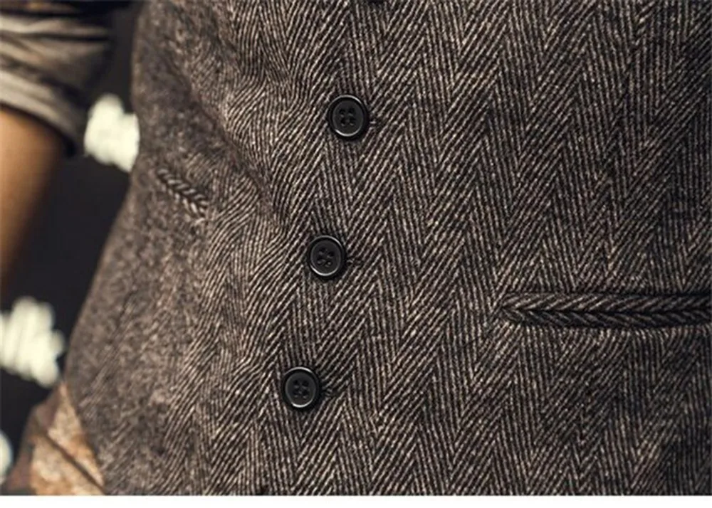 2022 Brown Men's Casual Herringbone Pattern Suit Vest Wool/Tweed Suit Vest U-neck Waistcoat Groomsmen For Wedding 4