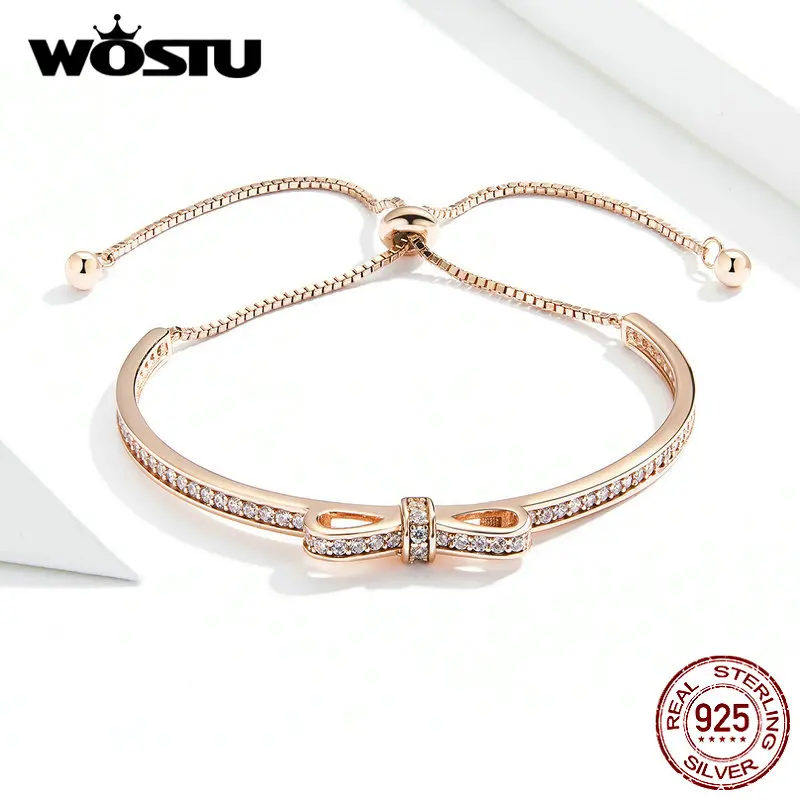 WOSTU Настоящее 925 пробы Серебряный сладкий браслет с бантами для женщин розовое золото свадебный любовник браслеты модные ювелирные изделия подарок CQB108-C