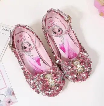 

Girls Leather Shoes Fashion Elsa Princess Shoes Autumn Children Dance High Heels Shoes Crystal Sneakers