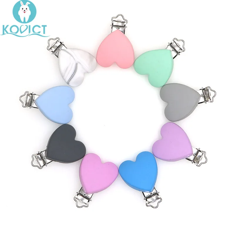 Kovict chupeta em silicone, 3 peças de clipes em forma de coração, chupeta de bebê nip de silicone, não-tóxico, fecho para mamilo, corrente de chupeta, silicone roedor