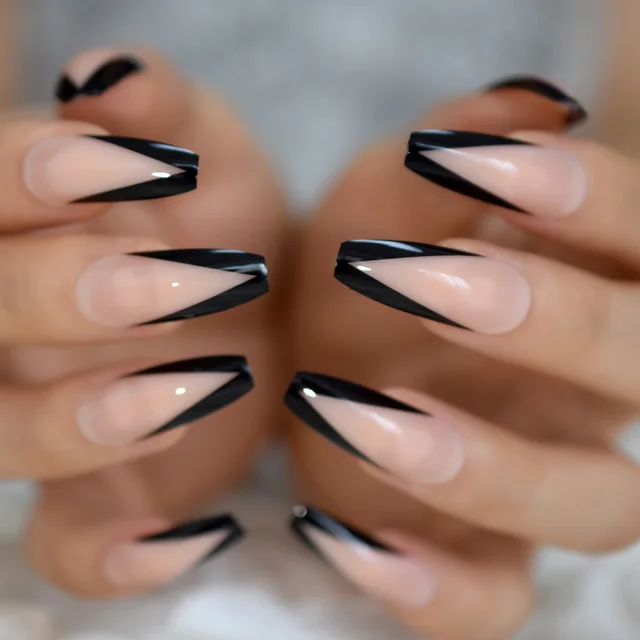 Ballerina False Nails Nude Large V Shape Extra Long Coffin French Nail Art Tips Predesigned Black Glossy Manicure Tips 24 False Nails Aliexpress