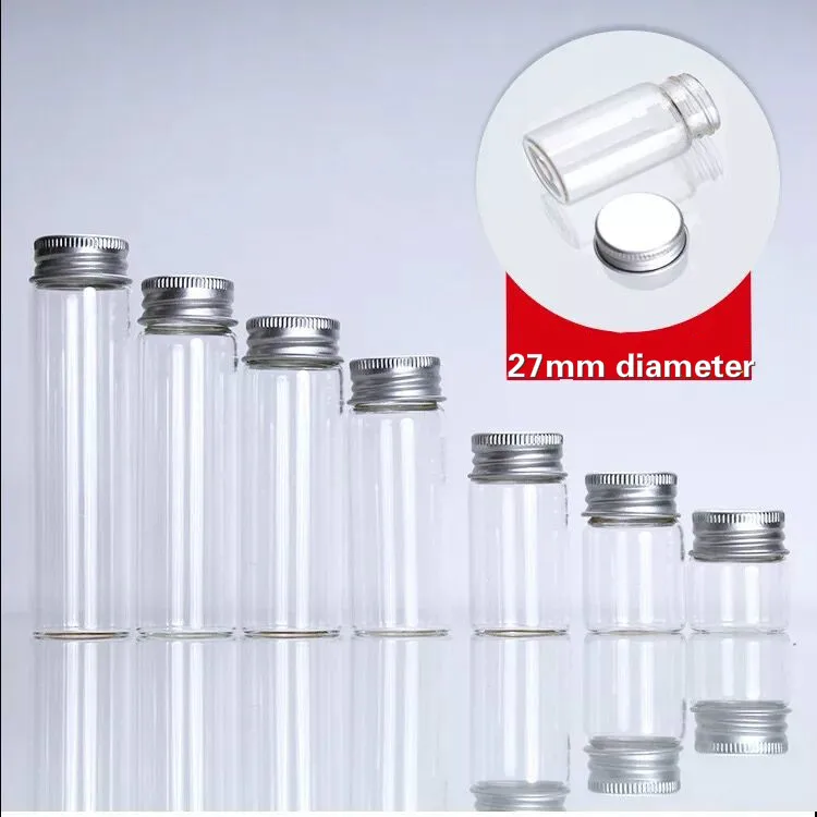 50PCS 27*70mm 25ml 유리 병 소원 병 나사 캡이있는 빈 병 샘플 저장 병 항아리 DIY 장식 공예