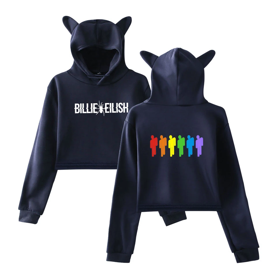 Уличная одежда Billie Eilish модный тренд с кошачьими ушками укороченный топ женские осенние толстовки сексуальные Kpop Harajuku Kawaii милые короткие толстовки - Цвет: Тёмно-синий