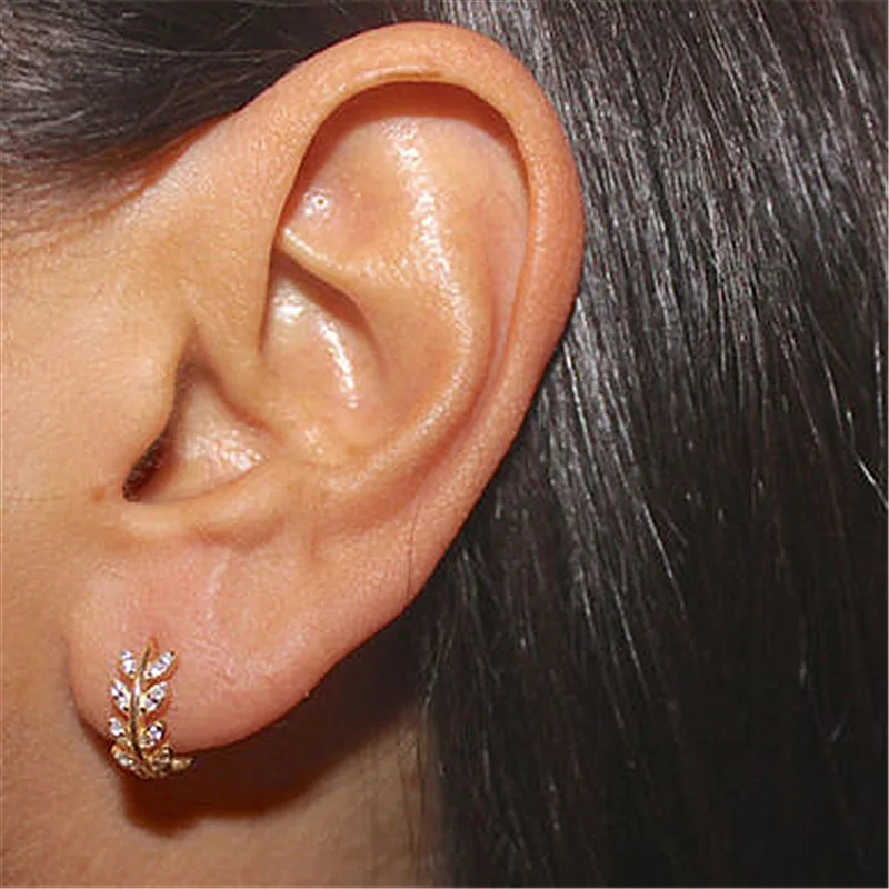 Silver Color Leaves Full Zircon Hoop Earrings Female Fashion Simple Gorgeous Jewelry Valentine Gift silver hoop earrings,silver earrings,hoop earrings,womens earrings