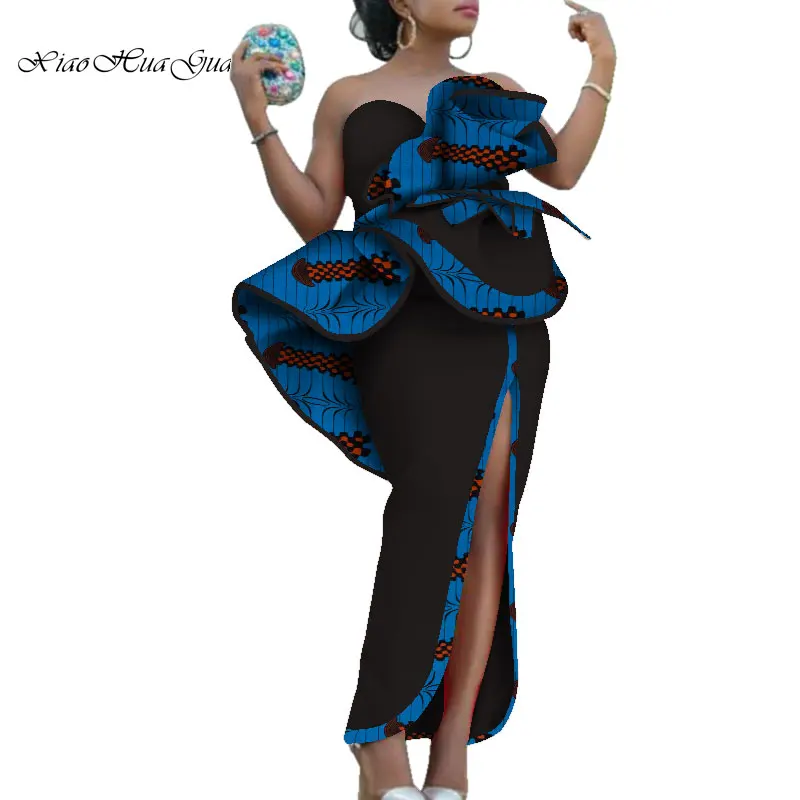 Новинка, элегантные африканские платья для женщин, Африканский принт, хлопок, вырез лодочкой, большой цветок, украшение, женское вечернее платье макси, WY6311
