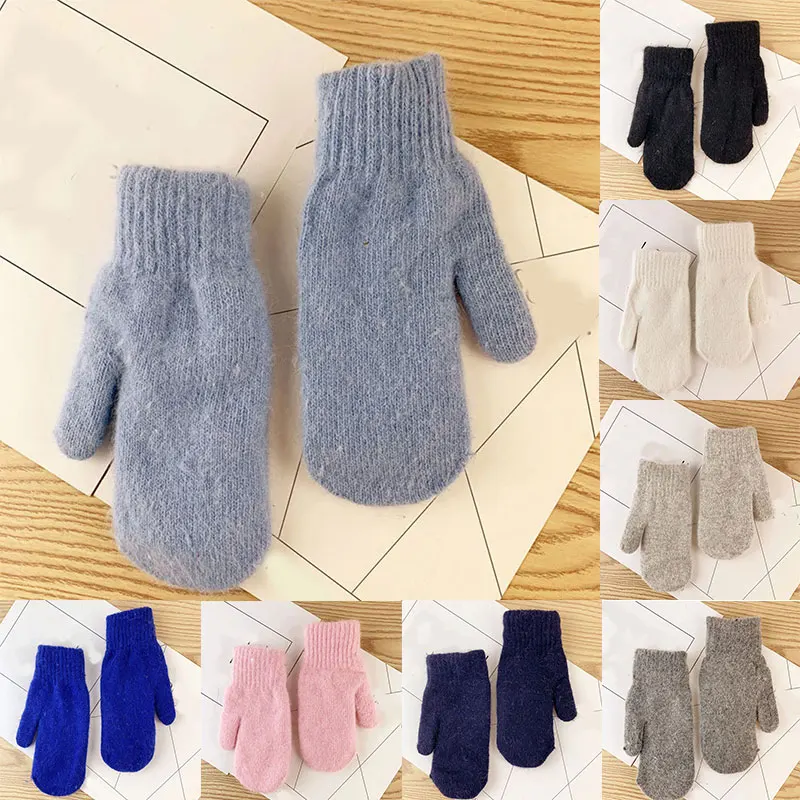 

Double Layer Outdoor Soft Warm Short Rabbit Fur Mittens Solid Color Thicken Knitted Full Finger Women Gloves