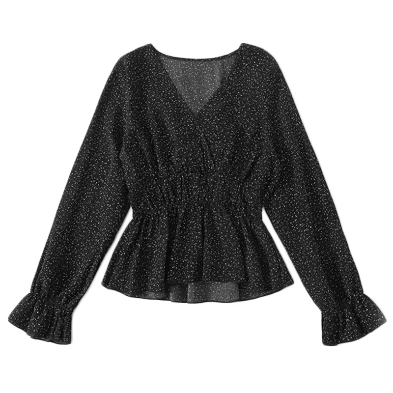 Dotfashion Повседневная шифоновая блузка с воланом и рукавом для женщин, весна, Boho Ruffle, свободные к низу блузки, женский черный топ с v-образным вырезом