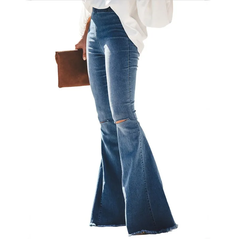 2019 Для женщин рваные, с карманами Джинсы-клеш свободного кроя однотонный Высокая талия джинсы с бахромой клеш Большие джинсы
